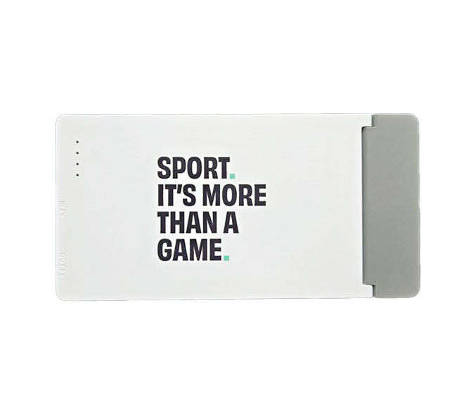 Photo of the white Sport. It's More Than A Game. power bank. It is vertical with black writing and features a phone stand.