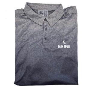 Photo of a grey and white speckled polo shirt. With three buttons on the front and the Sask Sport logo on the left upper chest.